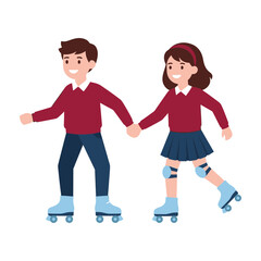 Obraz premium Happy couple roller skating together holding hands in matching red sweaters