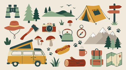 Fototapeta premium Flat Design Camping and Outdoor Adventure Elements Pattern