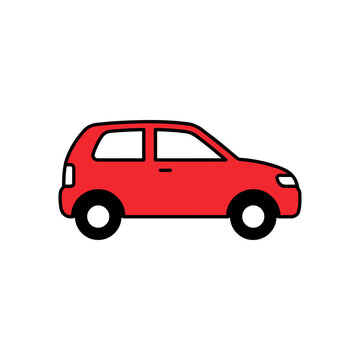 A red hatchback car illustration features a simple cartoon style depiction on a white background