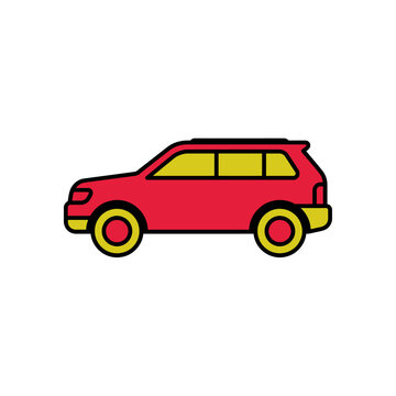 Red sport utility vehicle illustration features a side profile with yellow windows and black outlines