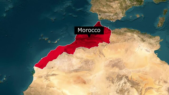 Morocco highlighted on satellite map motion footage showing North African territory with clear geographical boundaries and location marker for educational travel and political geography media projects
