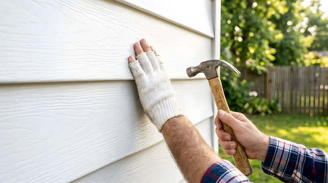 Professional contractor installing white vinyl siding on a residential house exterior using a hammer, close-up of hands working on home improvement renovation project during daytime.