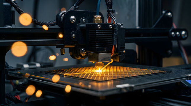 Close-up of industrial 3D printer nozzle extruding molten material onto a build plate with sparks, representing advanced additive manufacturing and rapid prototyping technology.