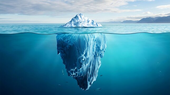 Large iceberg floating in the deep blue ocean water with view above and below the surface. iceberg metaphor