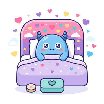 Cute blue monster sleeping in bed with cookies and lunchbox