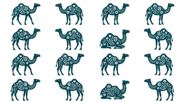 Flat camel icon bundle with decorative floral patterns for desert and travel themes