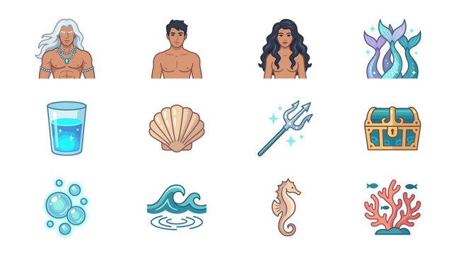 Flat Icon Bundle of Underwater Fantasy and Marine Life Characters and Objects