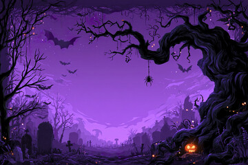 Fototapeta premium Spooky purple Halloween frame giant twisted black tree with hanging spider and flying bats in eerie graveyard scene