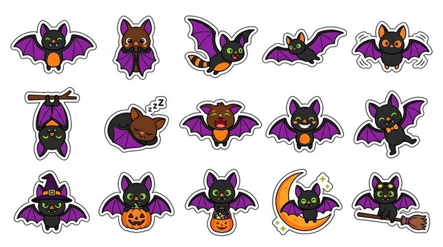 Set of cute cartoon bats with purple wings and pumpkins for halloween celebration design elements