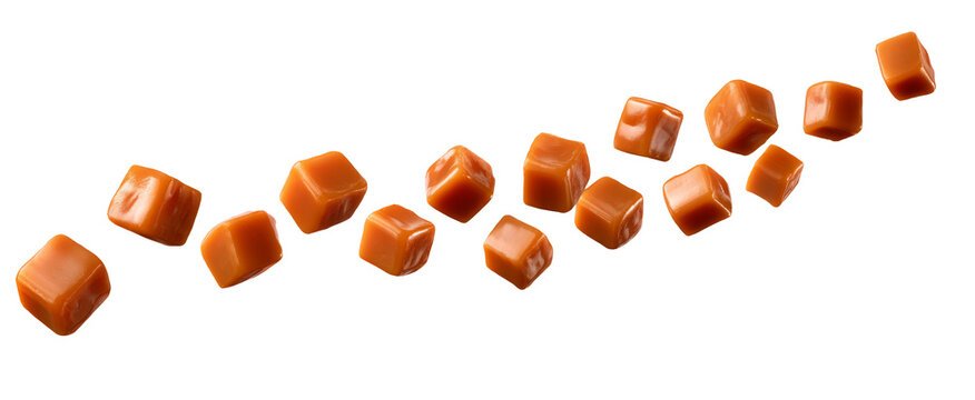 Floating Caramel Candy Cubes on Transparent Background