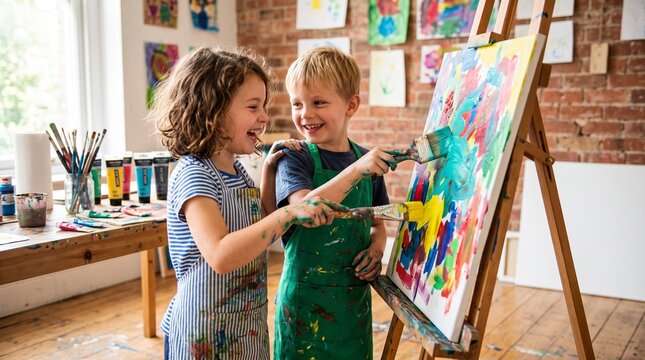 Two happy children painting together on a canvas in an art studio with colorful paints and brushes
