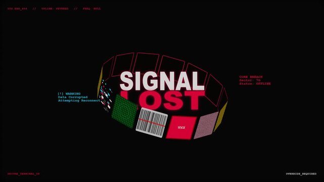Futuristic digital interface showing signal lost warning with rotating glitch elements and terminal text on black background