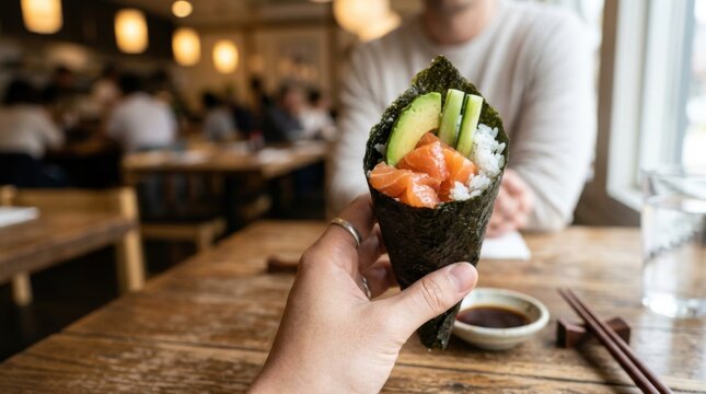 Person Holding a Fresh Salmon and Avocado Temaki Sushi Cone in a Restaurant