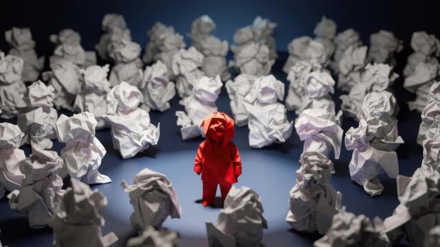 Concept of individuality and standing out with red paper figure surrounded by white paper figures on blue background