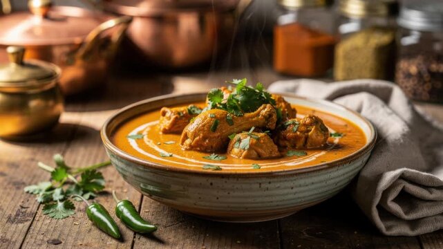 Delicious hot Indian chicken curry with fresh herbs and spices served in a rustic bowl on wooden table