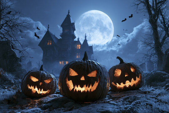 Three sinister pumpkins with glowing carved faces in haunted graveyard under full moon with bats flying around