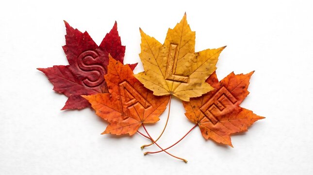 Colorful autumn maple leaves arranged on a clean white background