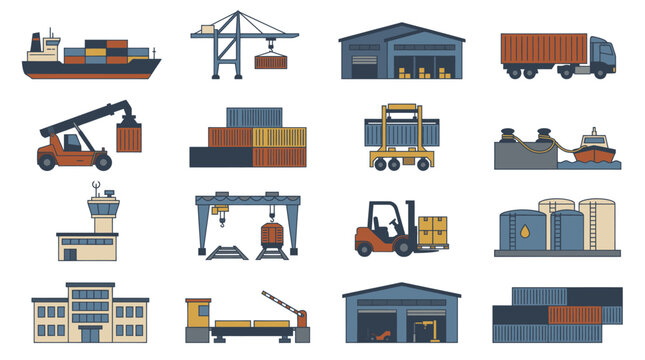 Clean Illustrated Icons Set of Industrial and Logistics Equipment with Flat Design Style with high quality professional line art symbols for modern creative design and digital branding projects
