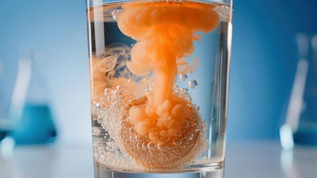 Effervescent tablet dissolving in clear glass of water with bubbles and orange effervescent effect