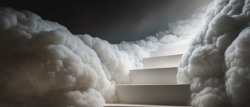 Stairs emerging from a foggy background.
