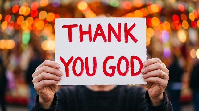Hands holding sign expressing gratitude to god in a crowd