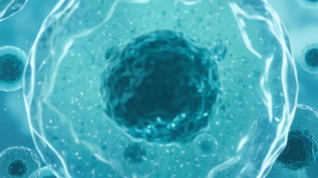 Close up view of human cells under microscope with blue background and detailed cellular structures