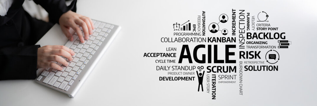 Creative image featuring hands on a keyboard with Agile and Scrum concepts represented as a word cloud, illustrating modern development methodologies and teamwork strategies. Tessel