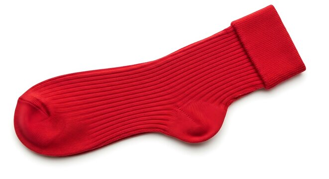 Single red sock on white background.