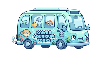 Fototapeta premium Cute Kawaii Aquarium Tour Bus with Cartoon Fish and Octopus