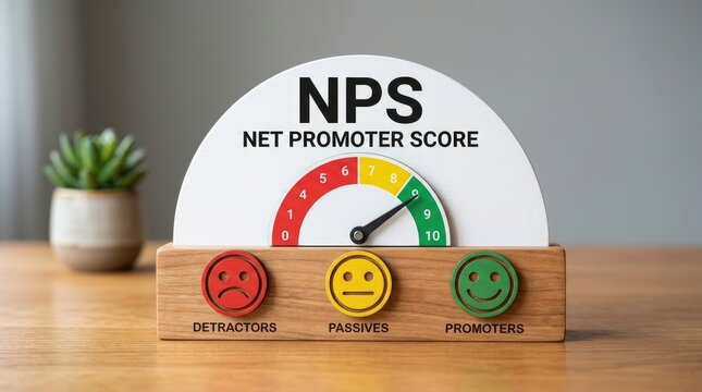Net promoter score gauge featuring wooden board with colorful evaluation scale and happy neutral and sad faces for business satisfaction