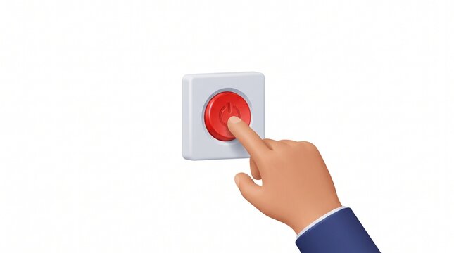 Close up 3d cartoon hand pressing a red power off button switch isolated on a white background for digital technology control and energy management