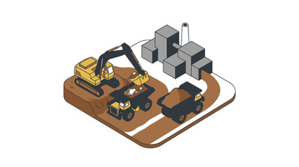 Naklejka premium Isometric Construction Site with Heavy Machinery and Buildings.