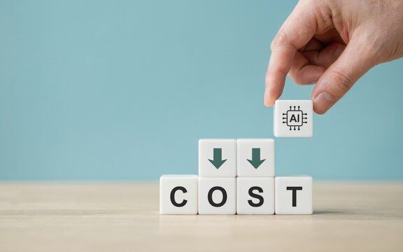 Hand placing white block with artificial intelligence icon on stack of cubes representing cost reduction for modern business technology operations