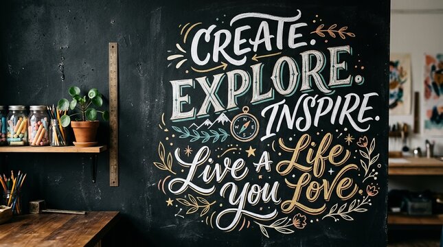 Inspirational quote on a chalkboard with coffee and notebook for creative writing.
