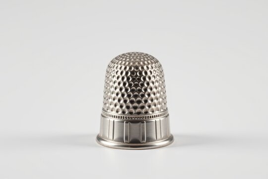 A close-up image of a silver sewing thimble with a textured surface, standing upright on a plain white background.