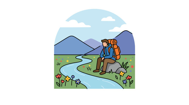 Man with backpack sitting on rock by river in grassy field with flowers, mountains and clouds background