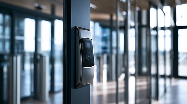 Modern electronic door access control system in office building.