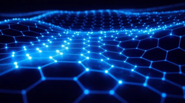 Glowing blue hexagonal grid network representing futuristic technology and digital connectivity