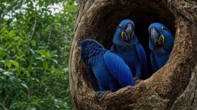 Three vibrant blue macaw parrots perched inside a hollow tree surrounded by green forest foliage
