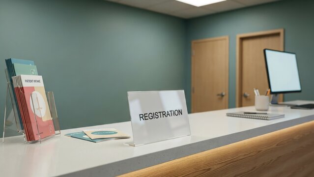 Registration sign sits on a modern white medical reception desk beside colorful brochures in a quiet hospital office waiting room