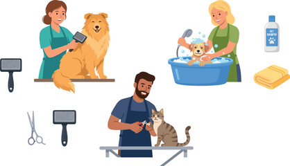 Fototapeta premium Professional Pet Grooming and Care Service Set with People Brushing Dog Bathing Puppy and Clipping Cat Nails with Tools Elements