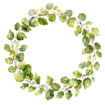 A full closed circular wreath of birch leaves on slender twigs, small oval leaves
