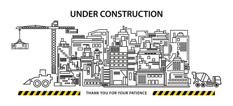 Under Construction City Skyline with Crane, Construction Vehicles and Warning Tape Vector Illustration