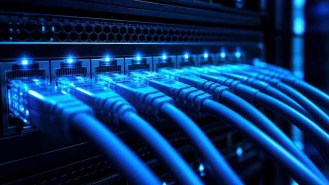 Close up of blue glowing network cables plugged into a switch for high speed data connection
