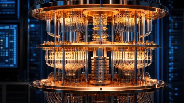 Advanced quantum computer with copper wiring and futuristic technology in high-tech data center
