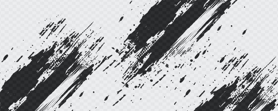 Abstract black ink splat with a grungy paint splash texture featuring artistic spray droplets and a dirty brush stroke pattern on a vector background