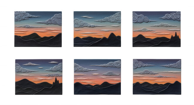 six square artworks of a sunset mountain landscape with detailed clouds displayed on a white background useful for home decor