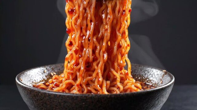 Tongs Lifting Spicy Red Noodles Topped with Sesame Seeds from Bowl