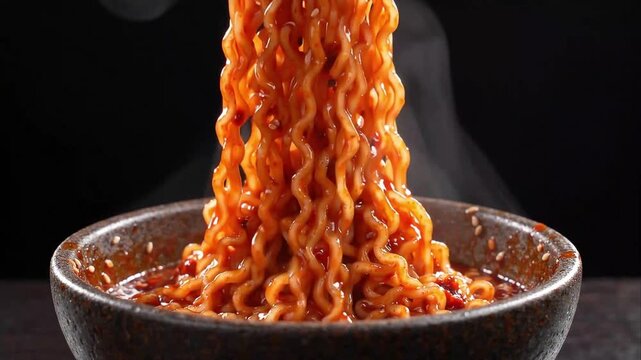Tongs Lifting Spicy Red Noodles Topped with Sesame Seeds from Bowl