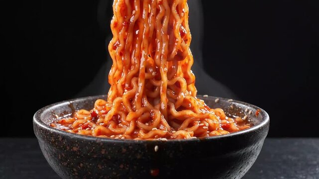 Tongs Lifting Spicy Red Noodles Topped with Sesame Seeds from Bowl